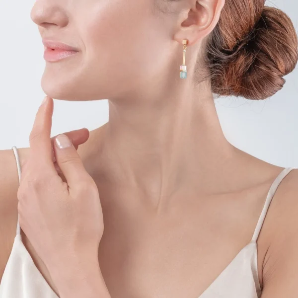 Cube Story Minimalistic Earrings Gold-Turquoise | COEUR DE LION Shop