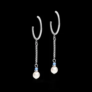 Earrings Creole Ypsilon Chain Crystal Pearl, Crystals & Stainless Steel Silver-Light Blue | COEUR DE LION Clearance