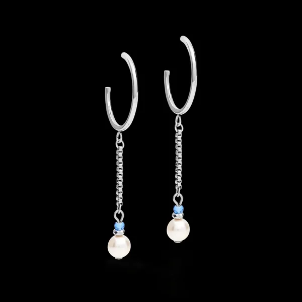 Earrings Creole Ypsilon Chain Crystal Pearl, Crystals & Stainless Steel Silver-Light Blue | COEUR DE LION Clearance