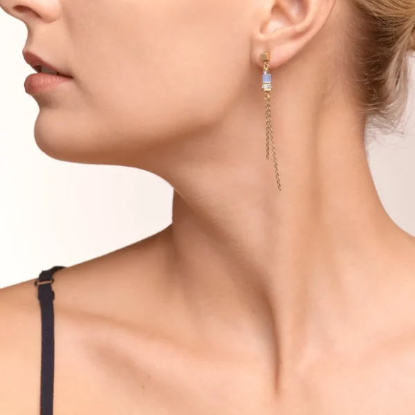 Earrings Geocube® Double Chain Long Stainless Steel Gold-Blue | COEUR DE LION Clearance