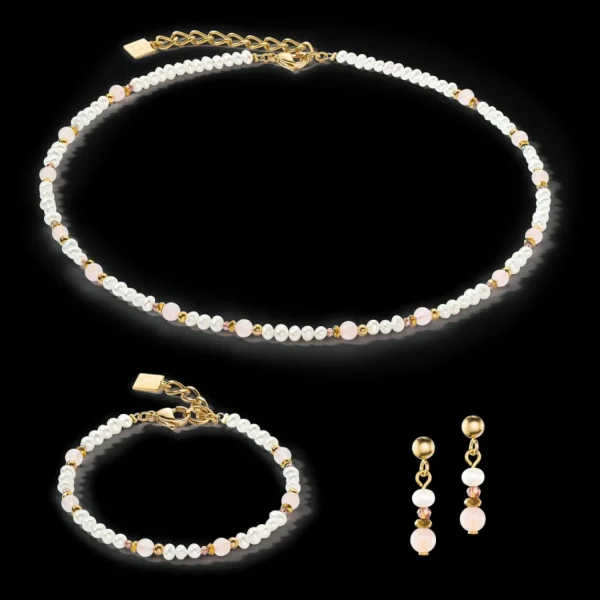 Jewellery Set Romantic Freshwater Pearls & Rose Quartz Gold | COEUR DE LION Hot