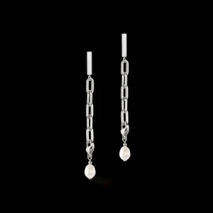 Modern Chain Earrings With Freshwater Pearl Charms Silver | COEUR DE LION Hot