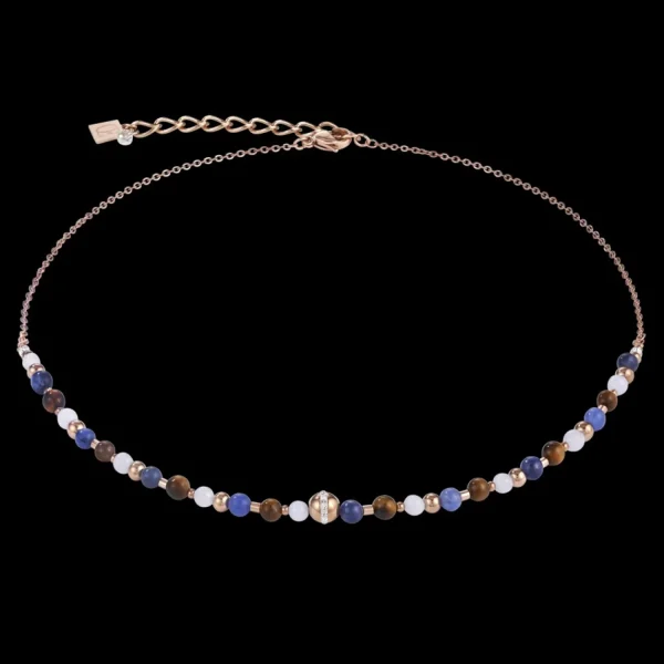 Necklace Ball Stainless Steel Rose Gold & Gemstones Blue-Brown | COEUR DE LION New