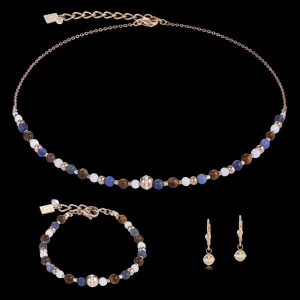 Necklace Ball Stainless Steel Rose Gold & Gemstones Blue-Brown | COEUR DE LION New