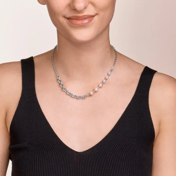 Necklace Classic & Modern Freshwater Pearls & Stainless Steel Chain White-Silver | COEUR DE LION Sale
