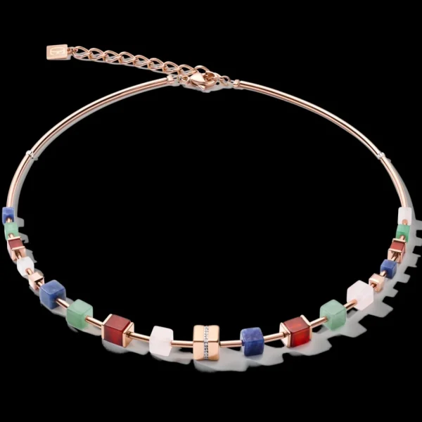 Necklace Geocube® Big Kristall Pave Cube, Edelsteine & Edelstahl Rosegold Multicolor Gemstone | COEUR DE LION Best