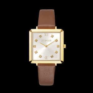 Watch Iconic Square Gold White Sunray Bracelet Leather Classy Brown | COEUR DE LION Online