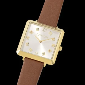 Watch Iconic Square Gold White Sunray Bracelet Leather Classy Brown | COEUR DE LION Online