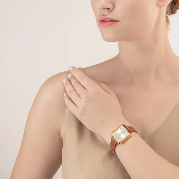 Watch Iconic Square Gold White Sunray Bracelet Leather Classy Brown | COEUR DE LION Online