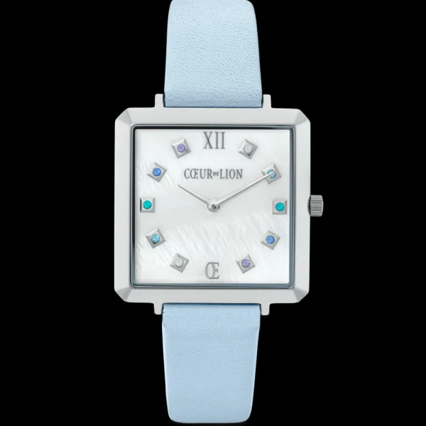 Watch Iconic Square Mother-Of-Pearl Silver Bracelet Leather Cool Blue | COEUR DE LION New