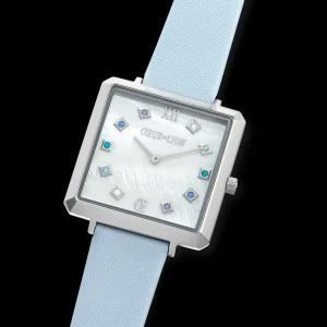 Watch Iconic Square Mother-Of-Pearl Silver Bracelet Leather Cool Blue | COEUR DE LION New